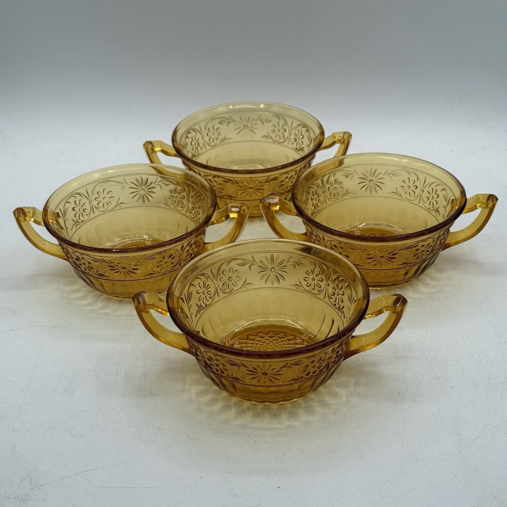 Set 4 Vintage Amber‎ Indiana Glass 1940's Daisy #620 Cream Soup Bowls W/Handles
